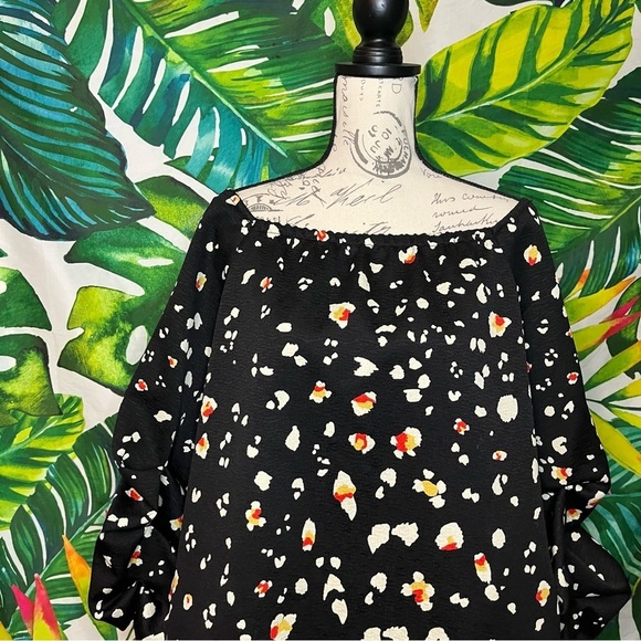 $69 Halogen Nordstrom Medium Gathered Ruched Sleeve Black Abstract Blouse - Picture 2 of 7